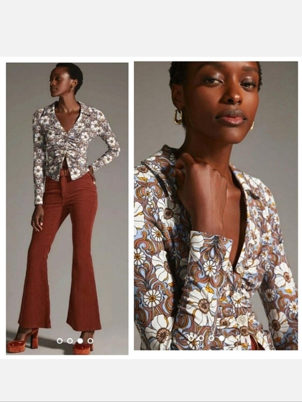 Anthopologie Maeve Floral 70s Ruched Shirt Size XS Retro Button Up Brown Blue